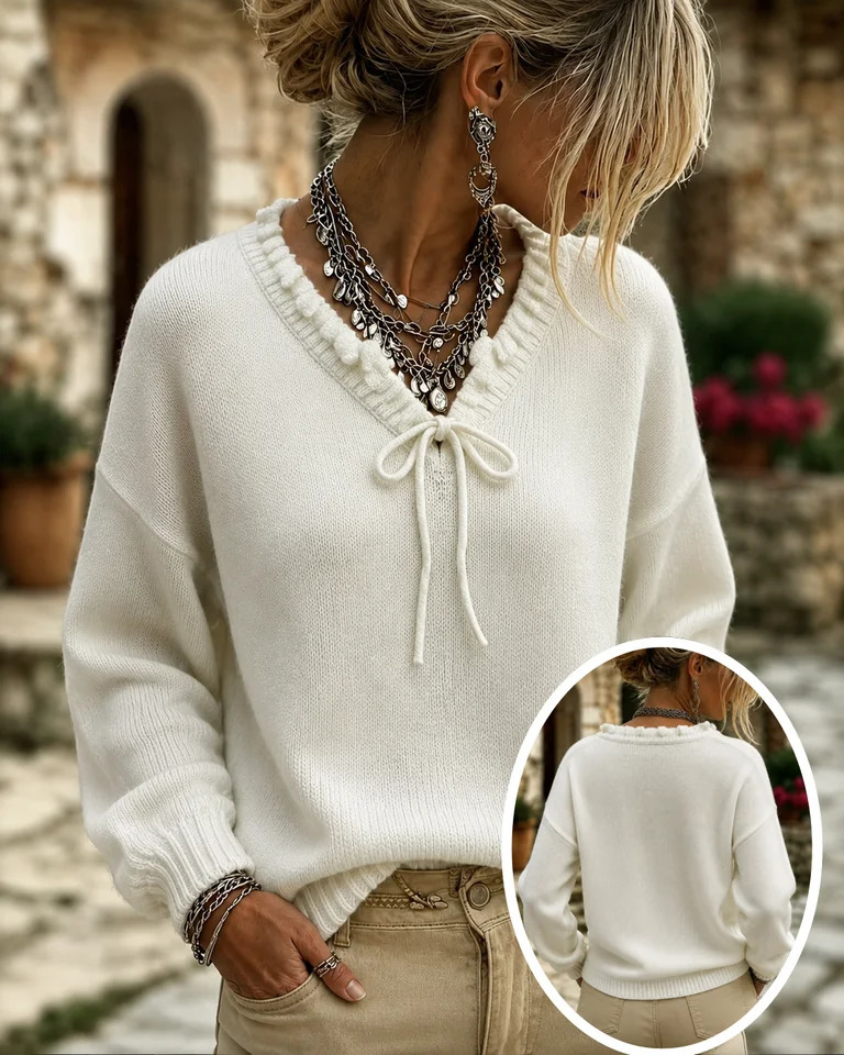 Women Autumn Winter Ruffle VNeck Bow Tie Loose Knit Sweater 261009