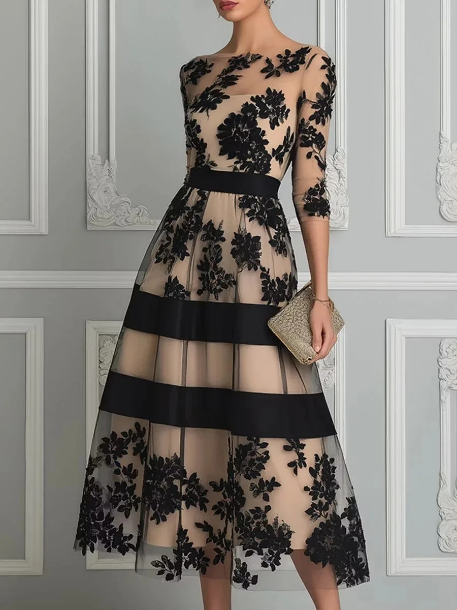 Elegant Women Midi Evening Dress ONeck 3/4 Sleeve Black Floral Flocking Tulle Mesh ALine Cocktail Party Formal Prom Dresses 261015