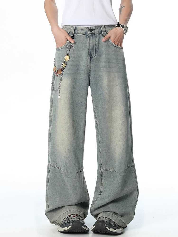 Men's Jeans Y2k Korean Men's Baggy Jeans Blue Personalized Fashion Straight Wide-leg Pants Male Streetwear Vintage Casual Denim TrousersT2