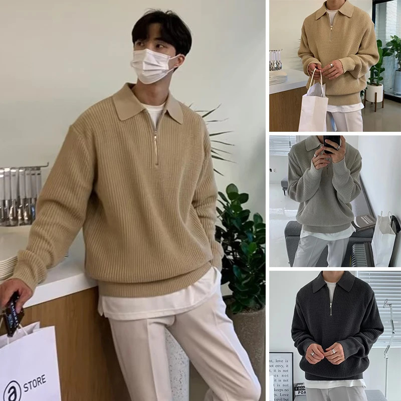 Men Harajuku Sweater Korean Fashion Knitwear Warm Pullovers Turn Down Collar Sweatshirts Vintage Casual Jumpers Male Clothing 261015