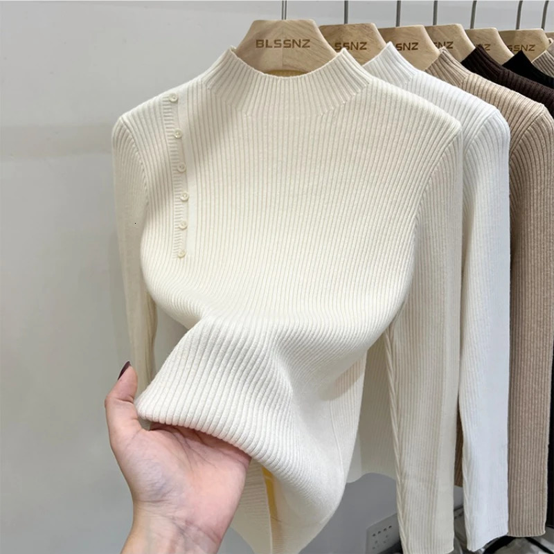 Turtleneck Solid Color Pullovers 2026 Autumn Winter Women's Sweater Korean Long Sleeve Slim Button Femme Warm Tops 261008