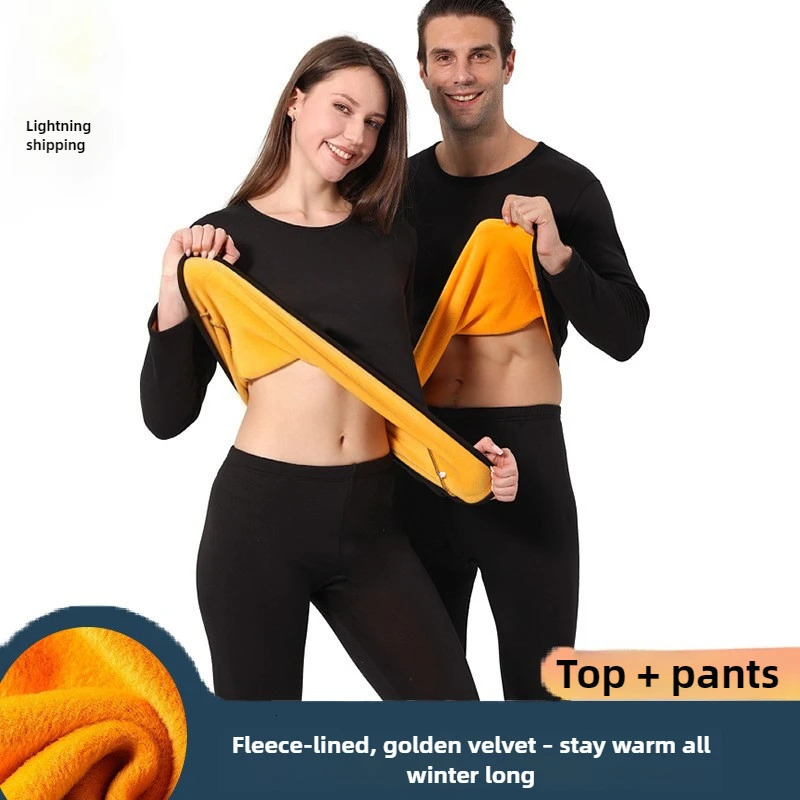 Golden Fleece Thermal Underwear Set for Women and Men Winter Warm Couple Outfit Thickened Slim Fit Round Neck Long 261012