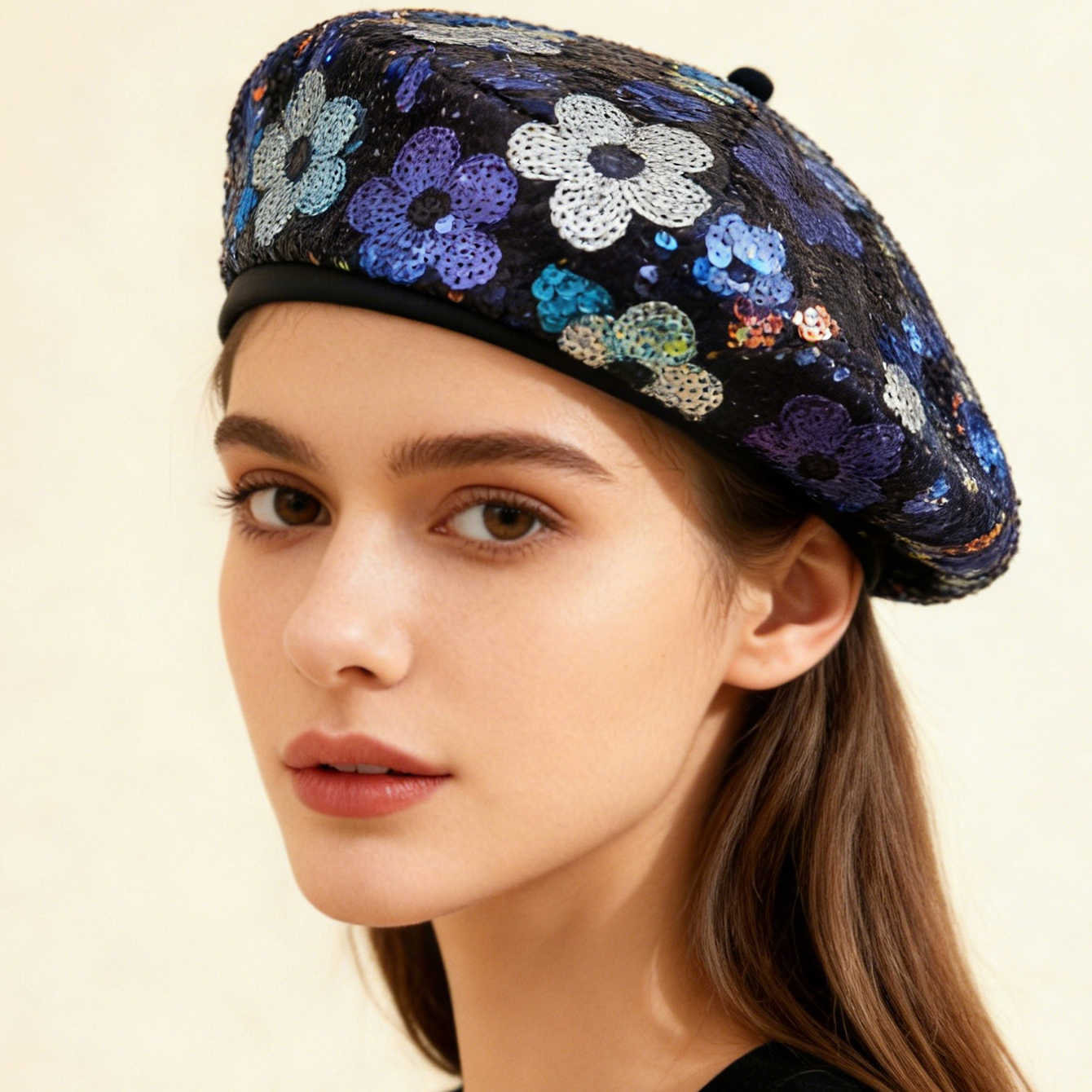 colorful Korean-style small sequin flower beret a retro and unique painter's hat suitable for spring and autumn seasons S2610169DZI