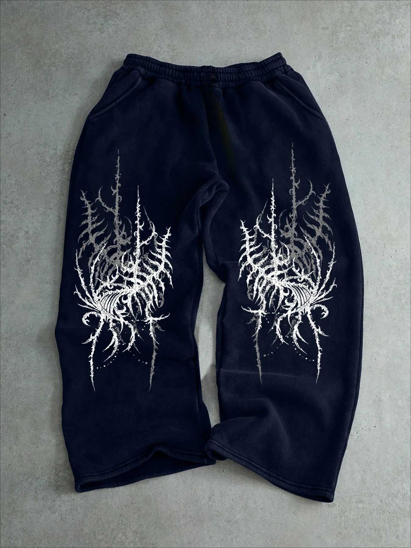 Dark Style Spider Thorn Print Washed Distressed Wide Leg Pants for Men and Women Loose Plus Size Metal Rock Casual Pants S2610169C0D