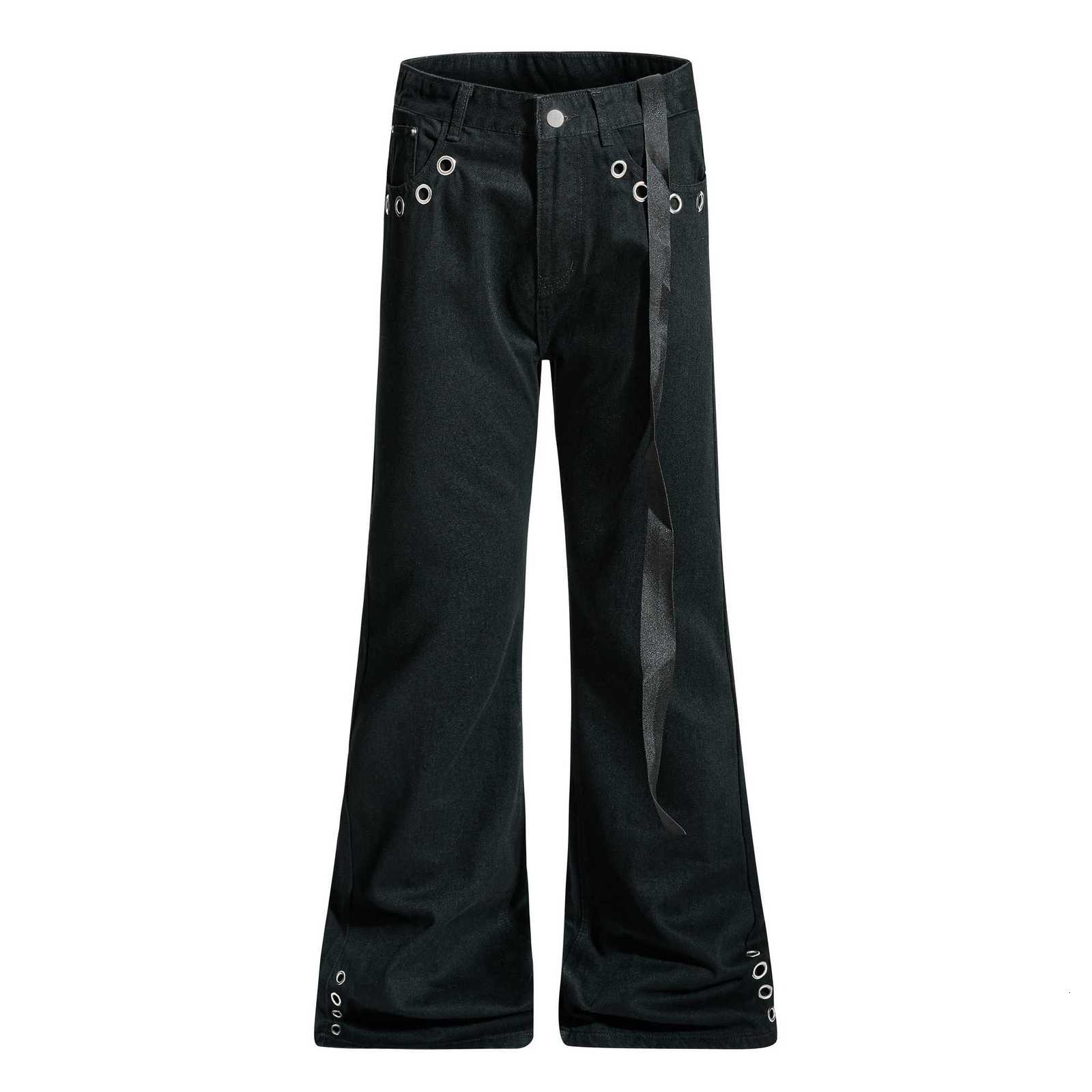 Men's Jeans Black Flare Jeans with Ribbons Long Men Lace Up Wide Leg Bootcut Jeans Y2k Streetwear Relaxed Fit Length Trouser Punk DenimT261016
