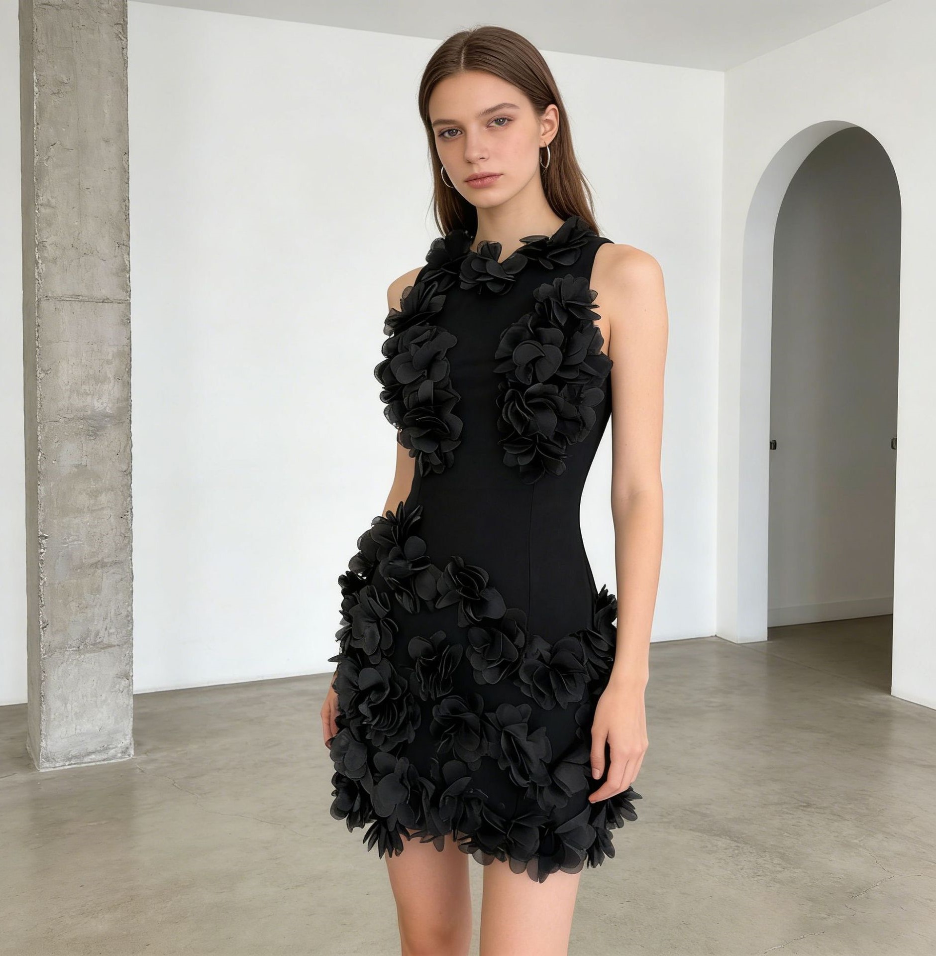 New Black Short Cocktail Dress Scoop Sleeveless 3D Flowers Lace Pearls Mini Women's Back to School Graduation Prom Dresses Party Homecoming Gow