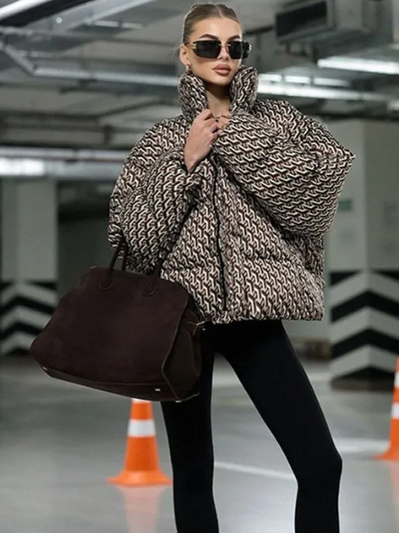In stock fashionable warm printed stand collar short puffer jacket women autumn winter new collection wholesale for cross border European and Americ