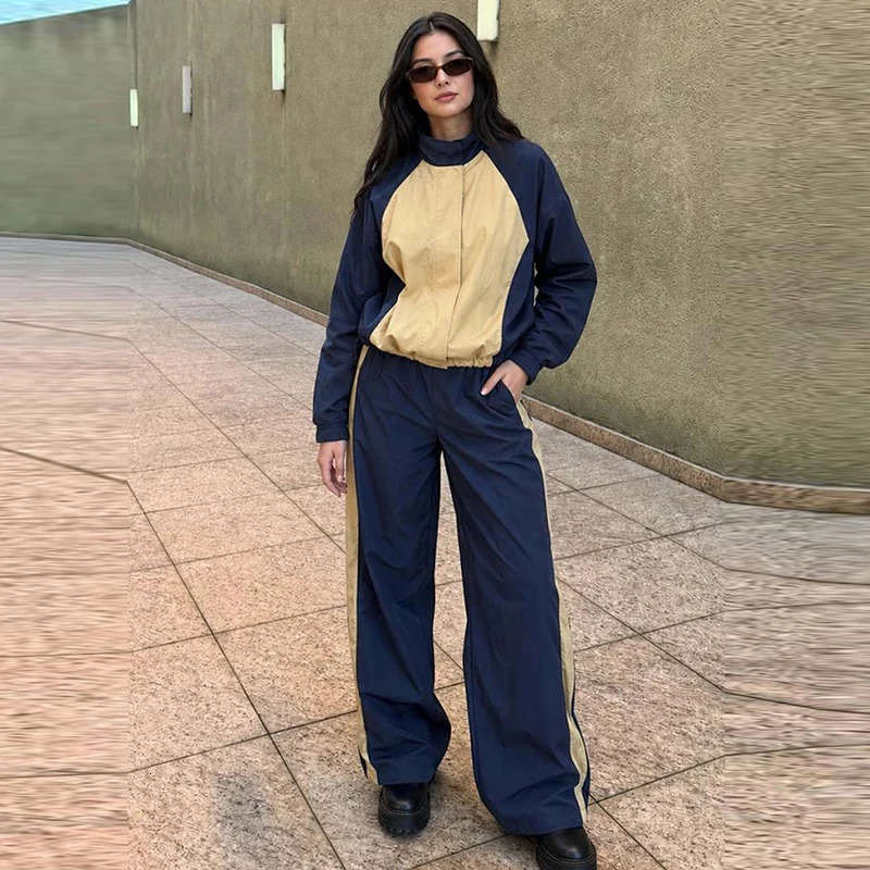 Striped Womens Two Piece Set Stand Collar Color Contrast Jacket Elastic Waist Long Pants Casual Two Piece Outfit Daily 261016