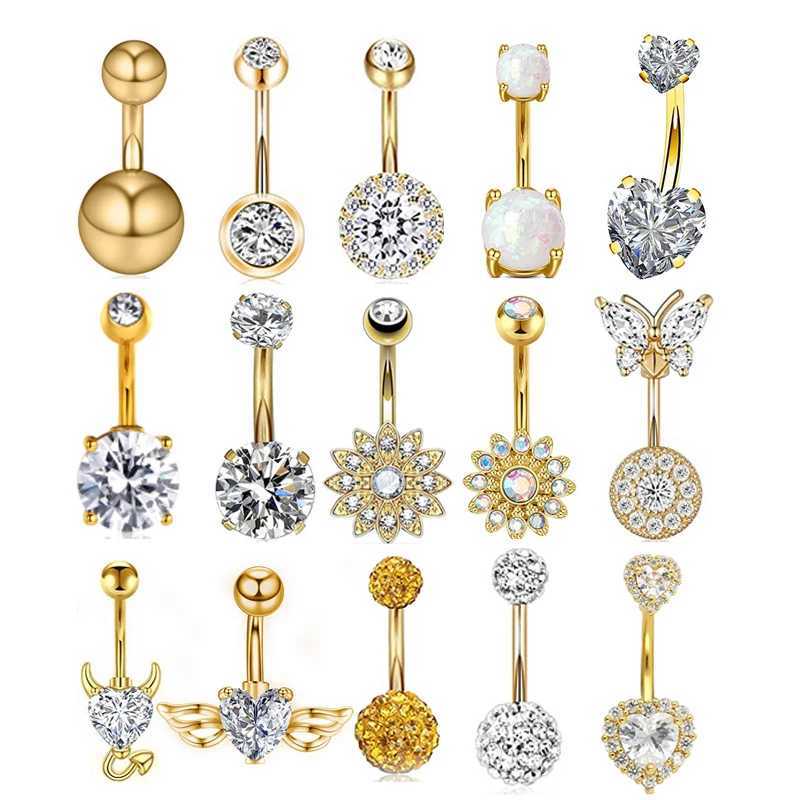 1Pc Gold Color Stainless Steel Belly Ring Flower Heart Shaped CZ Crystal Navel Belly Button Rings Butterfly Navel Piercings 14G Q261016