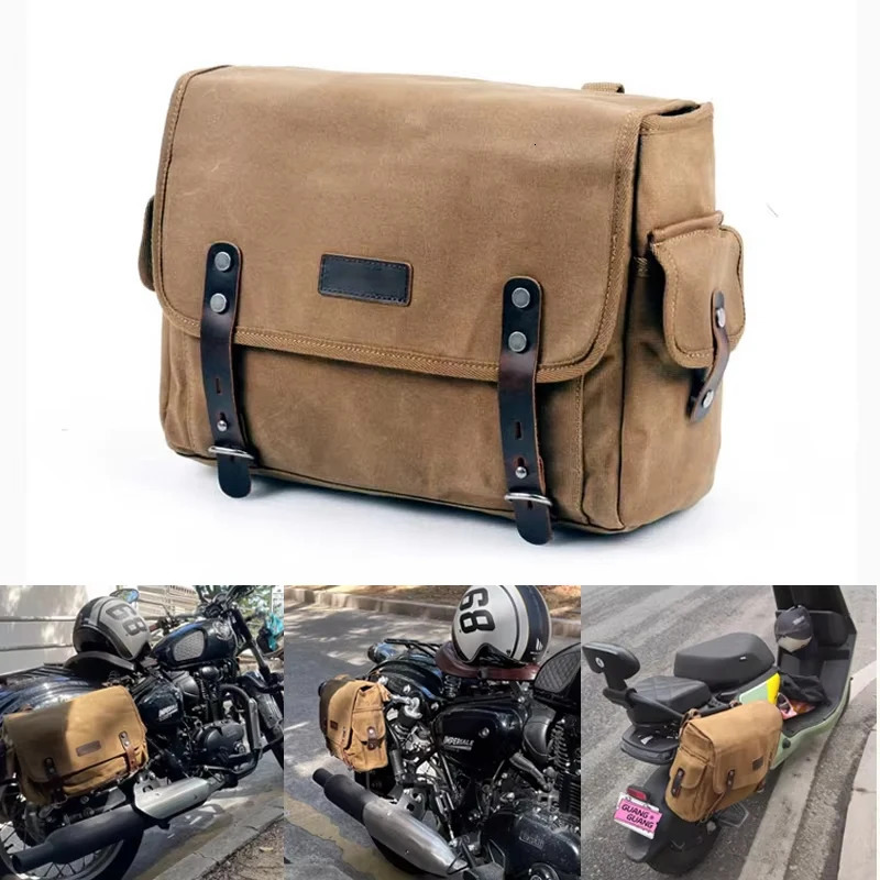 Vintage Motorcycle Backpack Waterproof Canvas Leather Brown Retro Rear Seat Bag Biker Side Motocross Saddlebags 261009