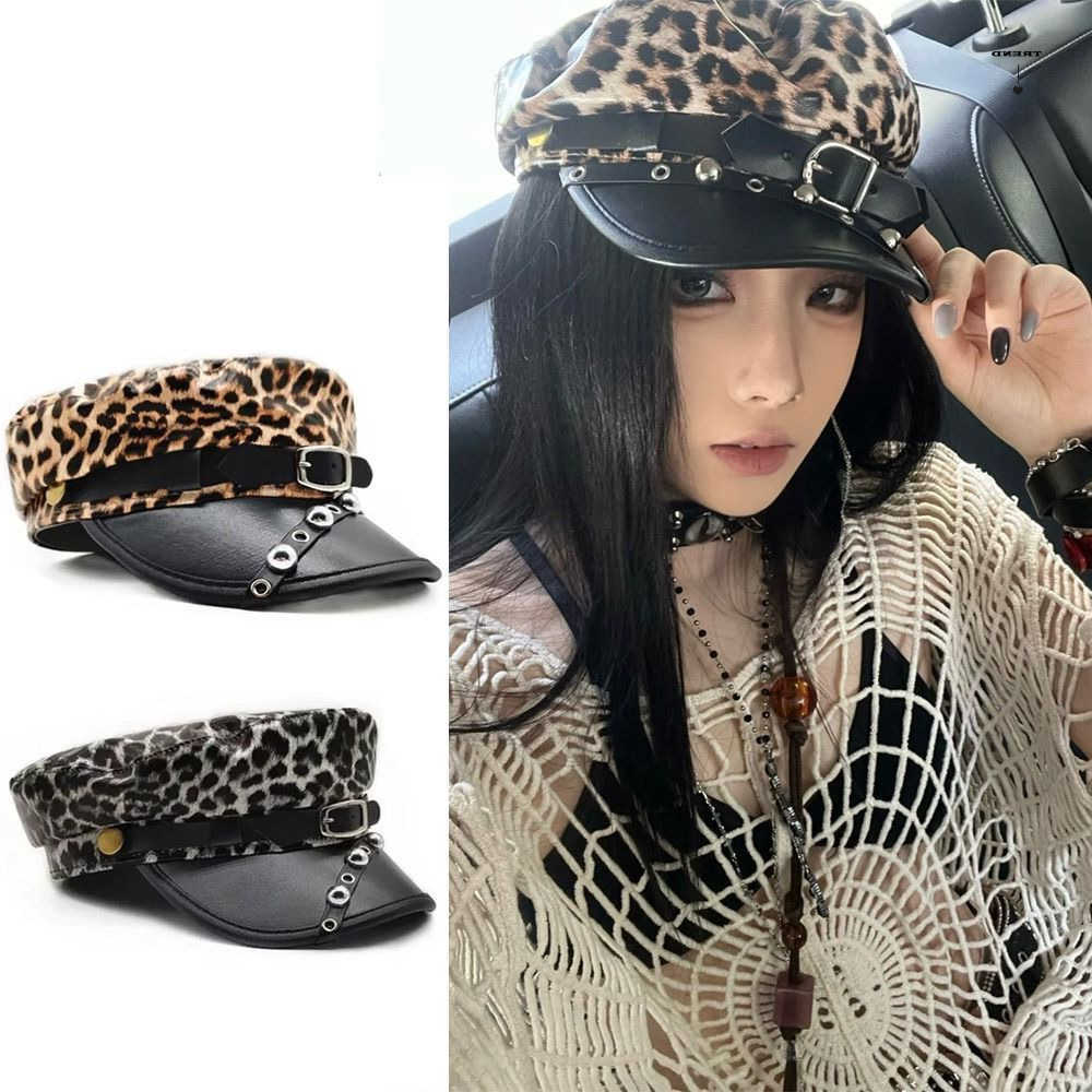 Sex Fashion Rivet Leopard Hat Punk Gothic Y2k Beret Hat Harajuku Pu Leather Flat Top Cap for Girls S2610166BEU