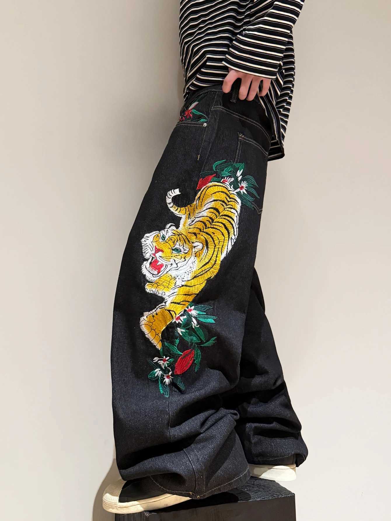 Men's Jeans American Retro Tiger Embroidery Design Black Men's Loose Wide-Leg Jeans Y2K Street Hip-Hop Trendy Versatile Straight-Leg Pants