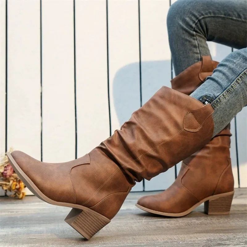 Autumn Winter Shoes for Women Slip-on Fashion Women Boots Sewing Daily Round Toe Square Heel Boots Women Botas De Mujer 261016