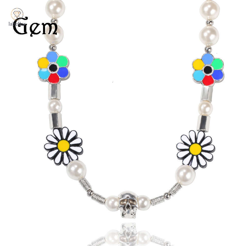 Hip Hop New Daisy Smiley Face Sunflower Pearl Necklace Personality Trendy Brand Splicing Adjustable Unisex Clavicle Chain f