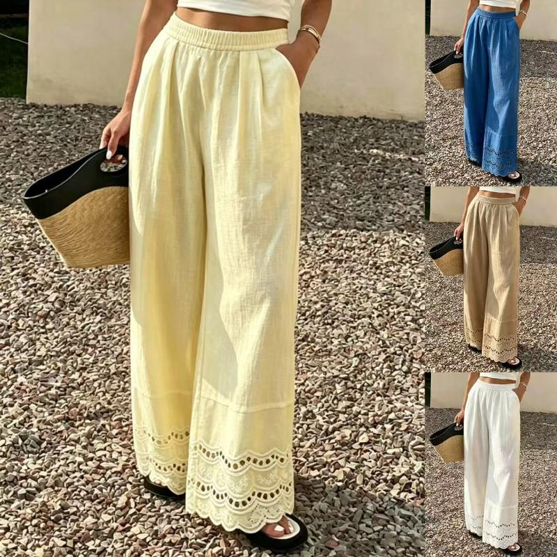 Pantalon d'été en coton et lin pour femmes, jambes larges, couleur unie, bordure en dentelle, ample, décontracté, Vintage, taille moyenne, Long,