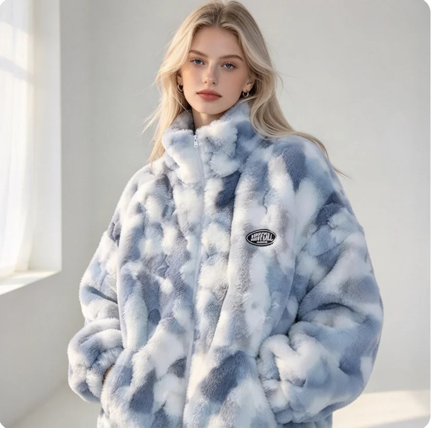 Womens Tie Dye Lamb Fleece Jacket Autumn Winter Zipper Outerwear Warm Plush Jackets Harajuku Casual Loose Female Thick Coat 261016