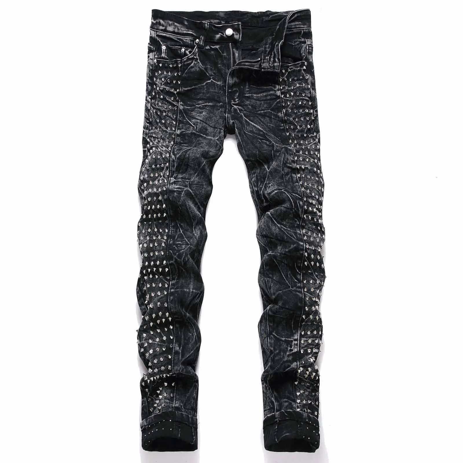 Men's Jeans Vintage Slim Fit Distressed Studded Jeans Men's Black Denim Punk High Street Trendy PantsT261016