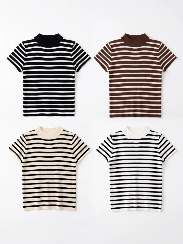 Striped Sweater Slim Fit Versatile Top 2026 Turtleneck Women's Pullover Early Spring and Autumn Short Sleeve Bottoming Jumper 261008