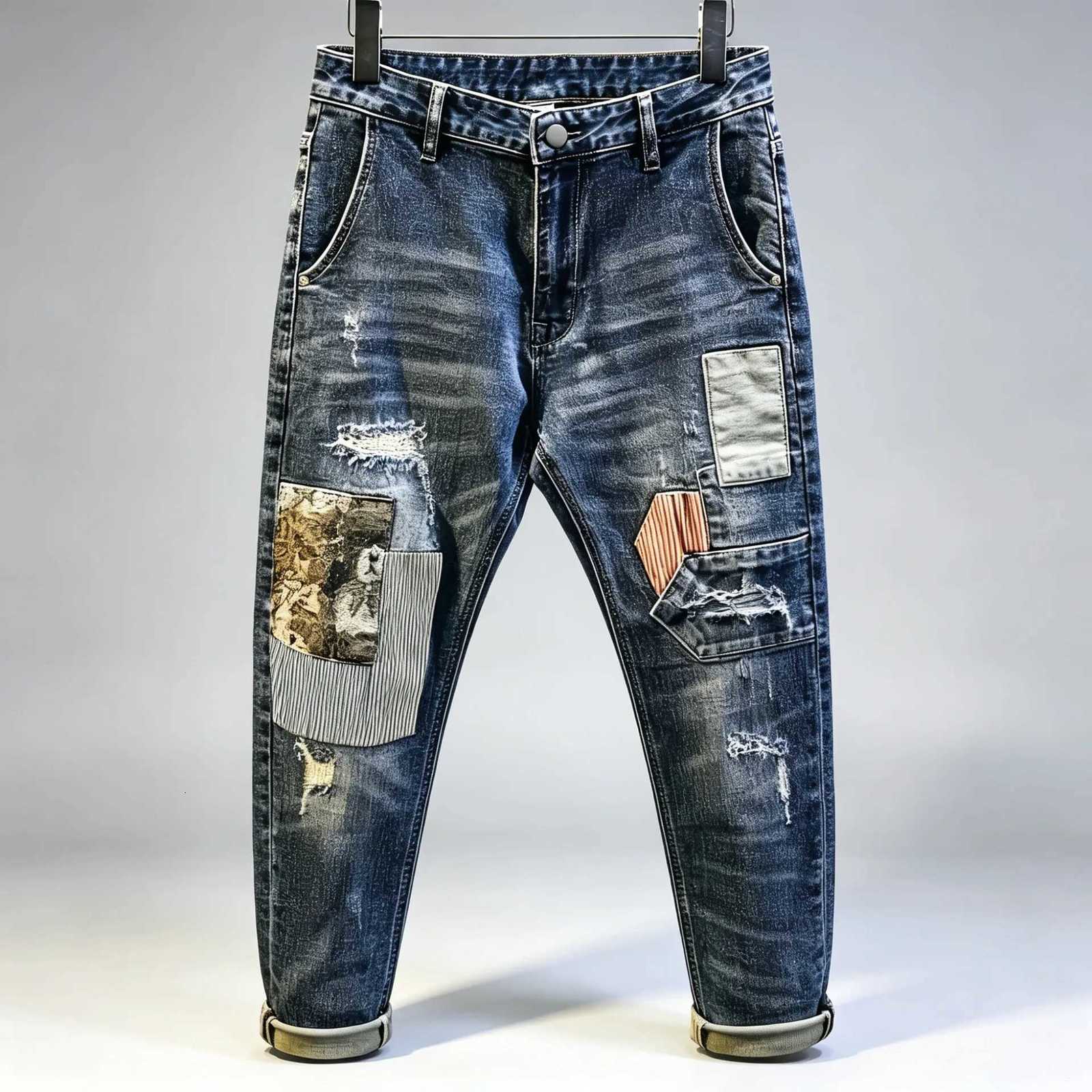 Men's Jeans 2026 New Arrival Men Fashion Patchwork Ripped Frayed Jeans Vintage Washed Slim Tapered Denim Pants HipHop Street TrousersT261016