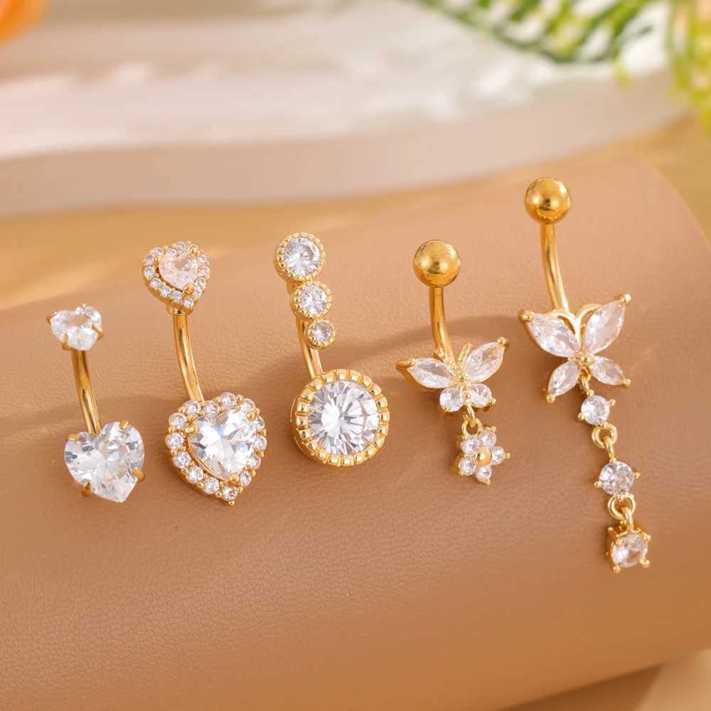 3-9pcs/lot Gold Color Heart Butterfly Belly Button Rings Belly Piercing Sets Stainless Steel Dangled Flower Opal Navel Piercings Q261016