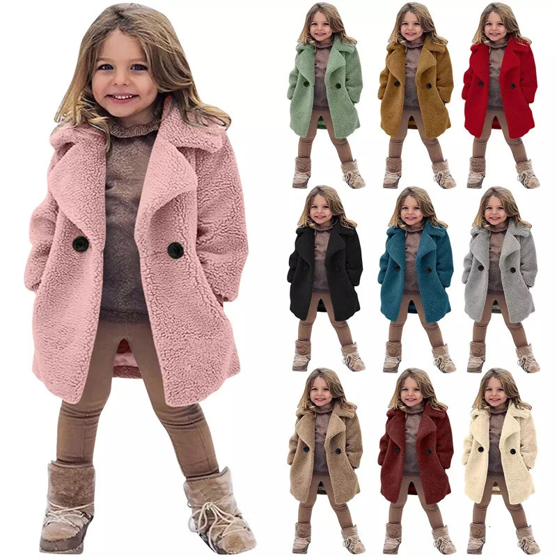 Girls Winter Warm Jackets Faux Fur Coats Kids Turndown Collar Outerwear Children Solid Colour Overcoat Casual Outer Clothing 261016