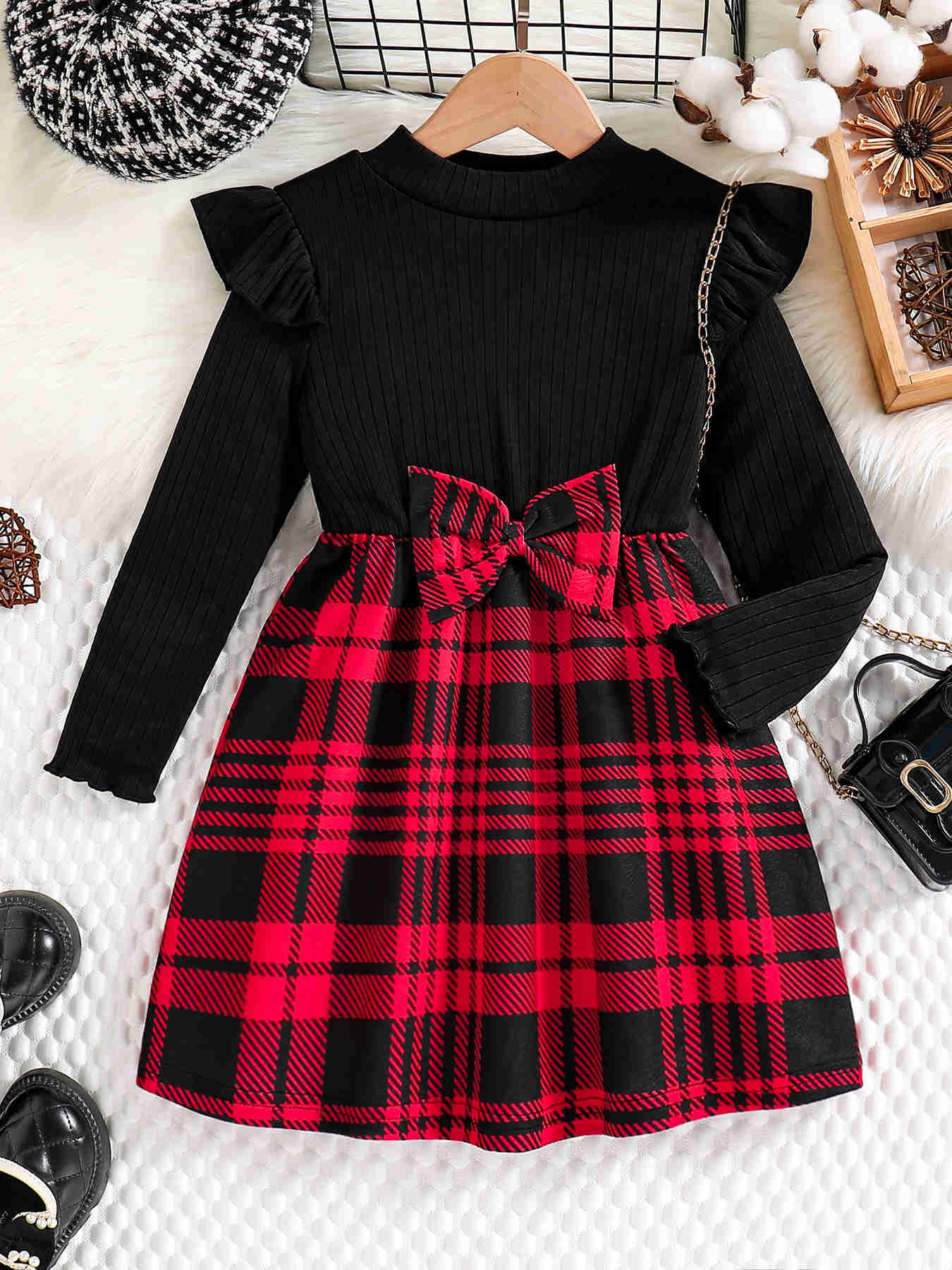 Autumn Spring Kids Cute Fashion dress Girls Casual Solid color round neck wing sleeve shirt Red plaid skirt ceremonial dress s S26101603R8