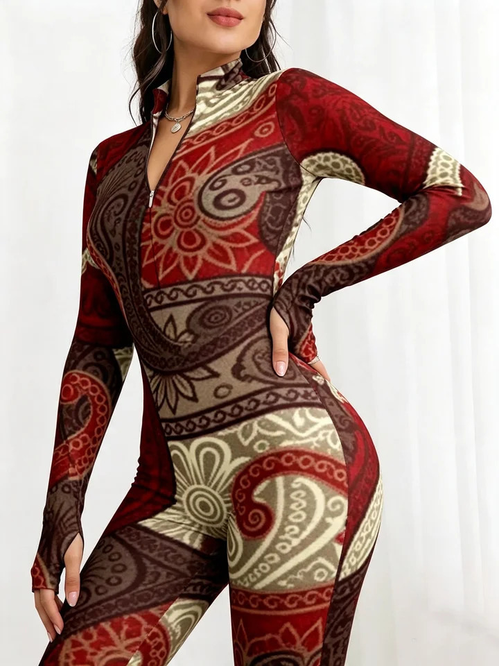 Close fitting long sleeved jumpsuit with stand up collar fashionable and versatile temperament women's 261015