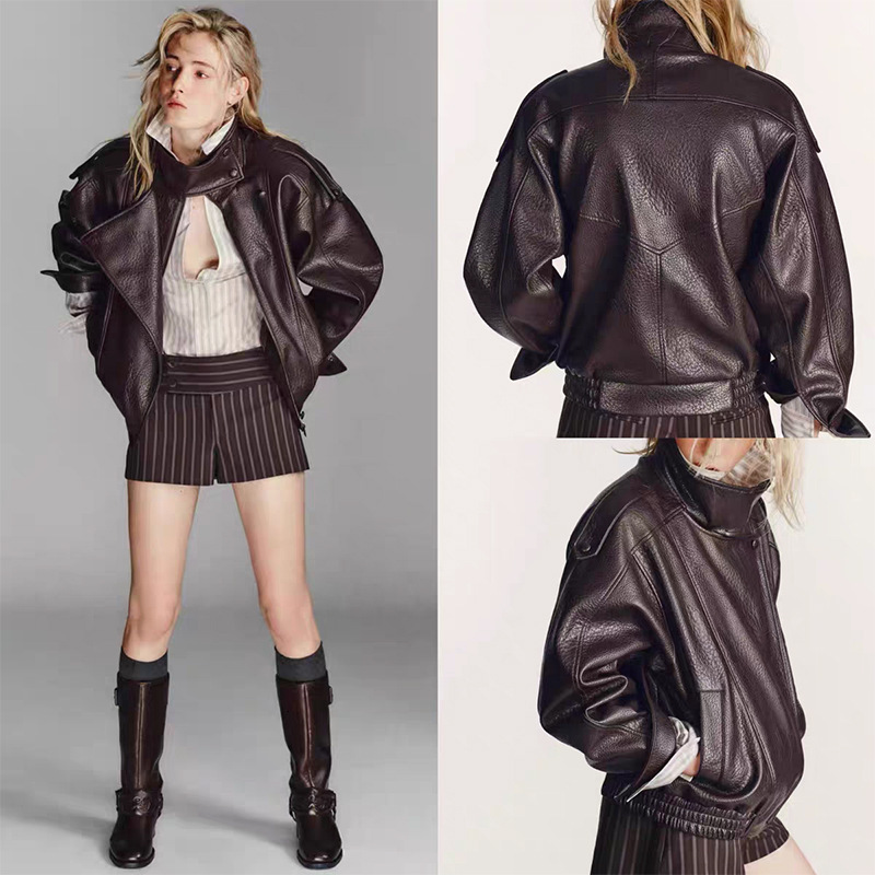 Hot-Selling Wholesale European and American Women's Retro Fashion Casual Long-Sleeve Stand-Collar pu Leather Jacket