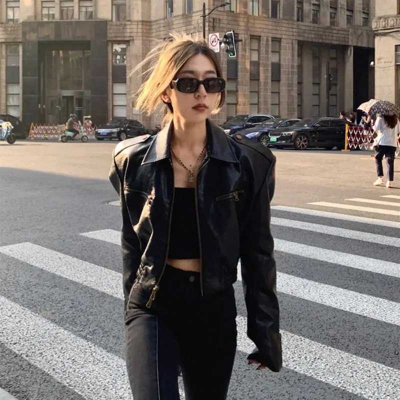 Leather Men's Pu Jackets Vintage Jacket Motorcycle Bomber Jacket Double Zipper Long Sleeve Streetwear Autumn Short Tops Korean Chic Black Coat