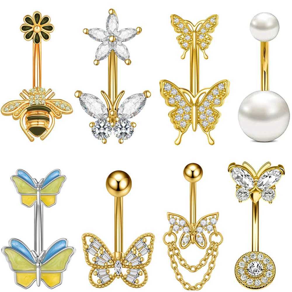 1PC Gold Color Crystals CZ Belly Piercing Ombligo Butterfly Bee Stainless Steel Curved Navel Ring 14G Dangled Belly Button Rings Q261016