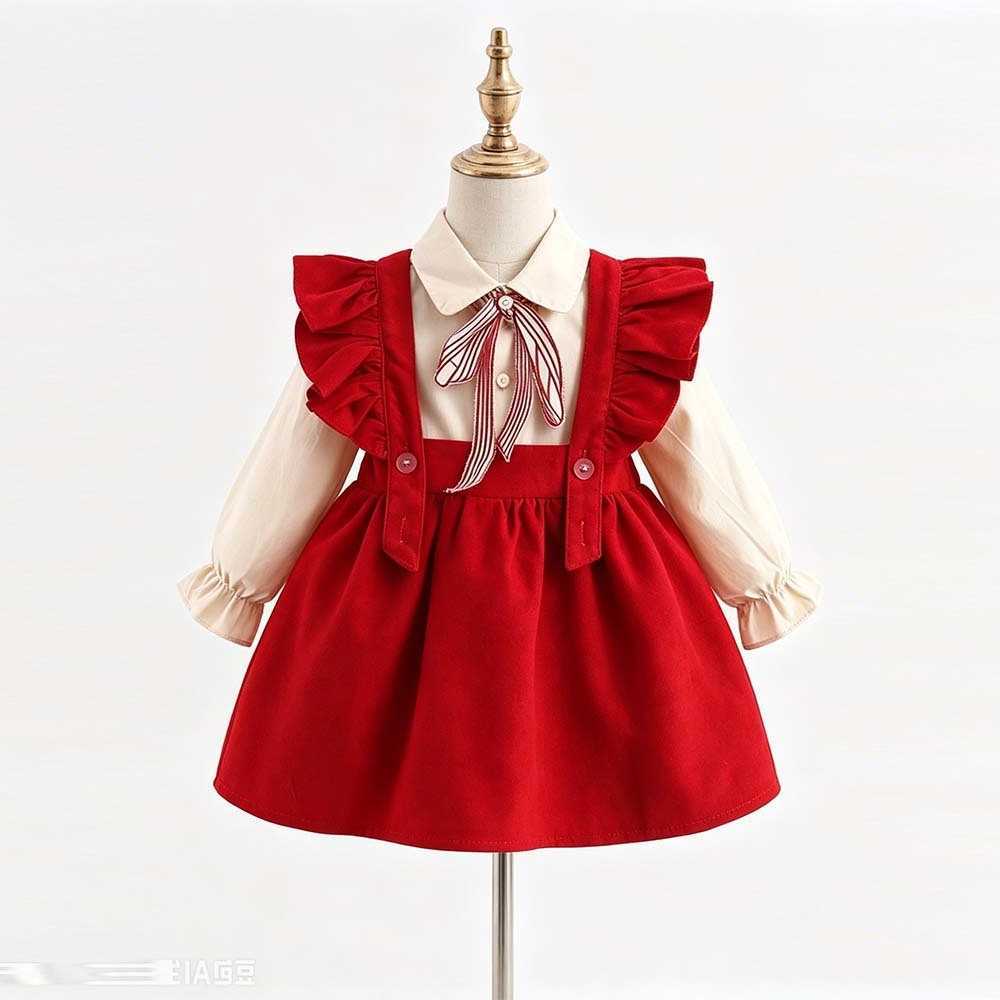 Pcs 2 New Autumn Spring Baby Girl Bow Dresses Girls Long Sleeve Pure Cotton Newborn Birthday Dress Beige T-shirt and Red Dress S26101688GW