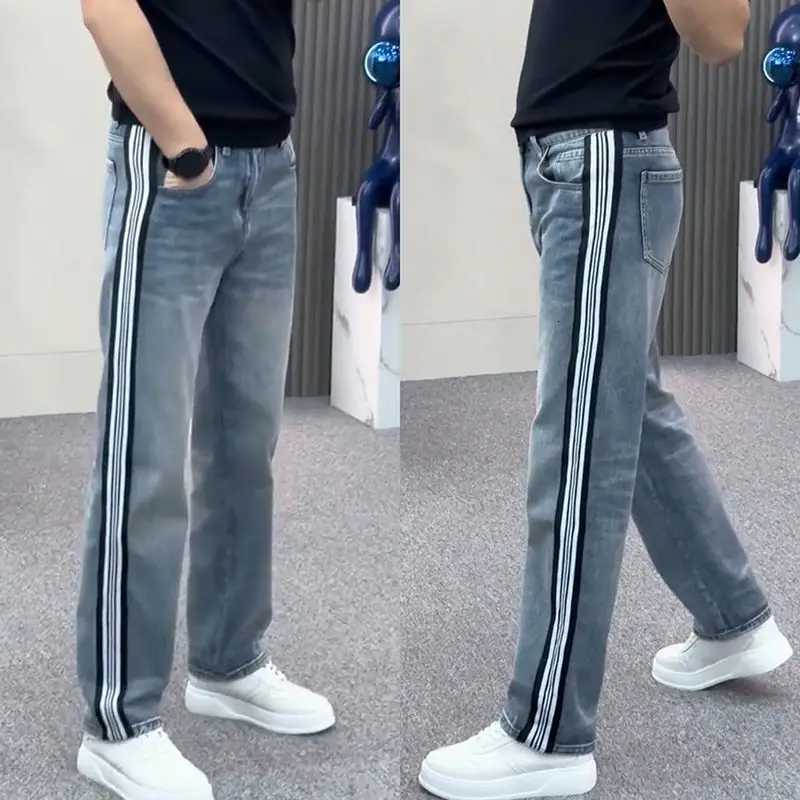 Men's Jeans 2025 Autumn Black White Striped Spliced Jeans Men's Trend Youth Casual Small Right-angle Pants Baggy Wide-leg Streetwear Pants