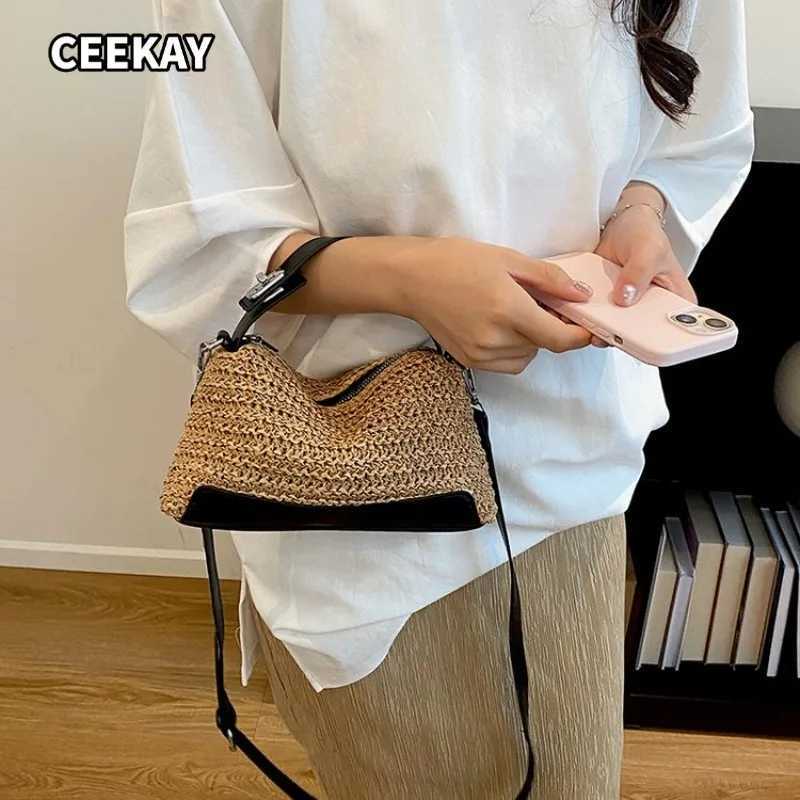Totes CEEKAY Solid Straw Woven Mini Underarm Bag Faux Leather Wrapped Bottom Short PU Handle Detachable Cross Strap for Girls X261016