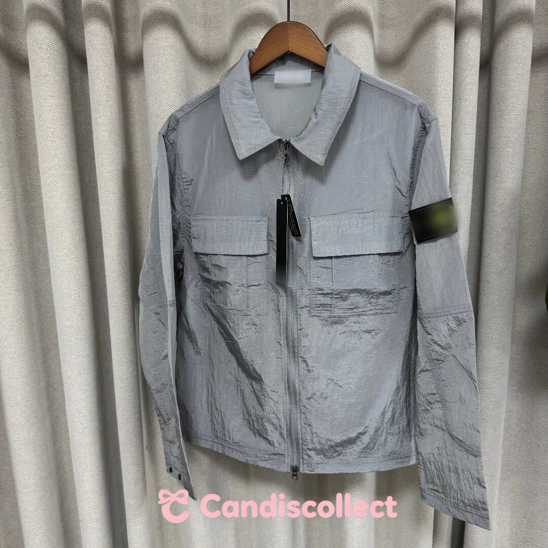 stone 2026 new style stone Men's Nylon Ripstop Overshirt Jacket with Arm Patch Multi Pocket Full Zip Casual Windbreaker stone 379
