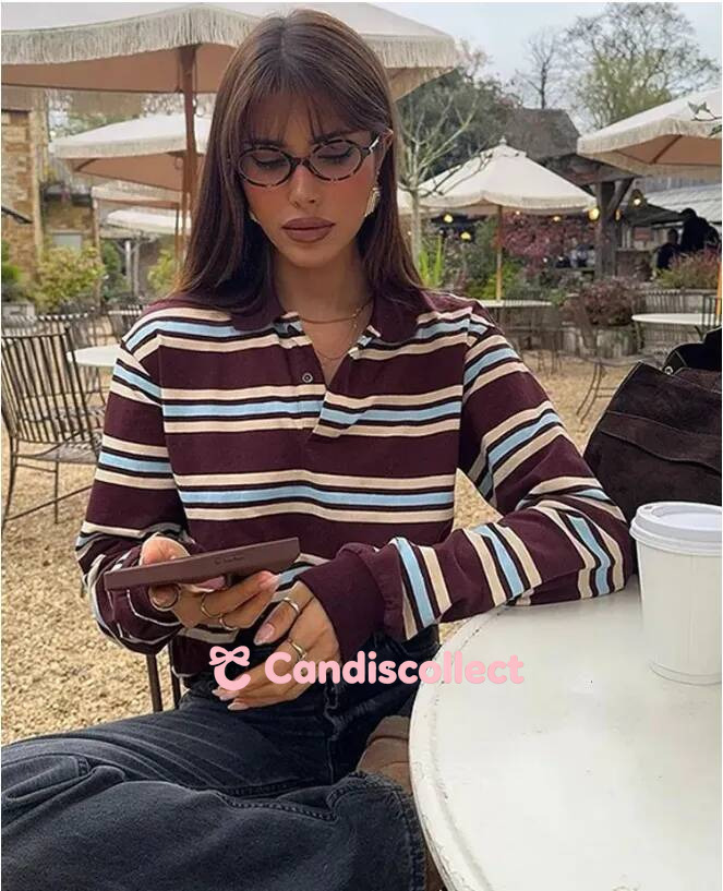 MM Jackets Fashion Stripe Womens T shirt Casual Long Sleeve Female All Match Polo Shirt 2026 Spring Ladies Loose Tops High Street 7d5