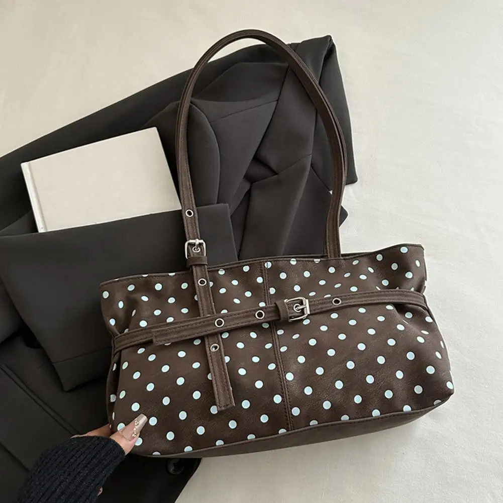 Women Polka Dot Tote Bag Large Capacity Shoulder Handbag Vintage Casual Shopping Bag 261016