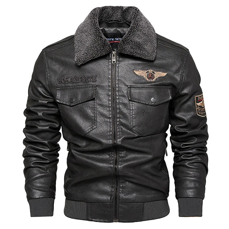 Winter Men's PU Leather Jackets Fashion Man Embroidery Streetwear Motorcycle Biker Coats Fur Collar Moto Faux Jacket 261014