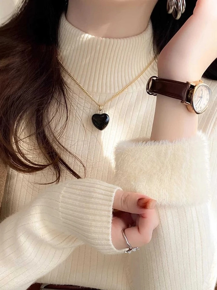 Autumn and Winter Women's Integrated Fleece Sweater Elegant Semiturtleneck Slimfit Longsleeved Bottoming Shirt Knitwear 261008