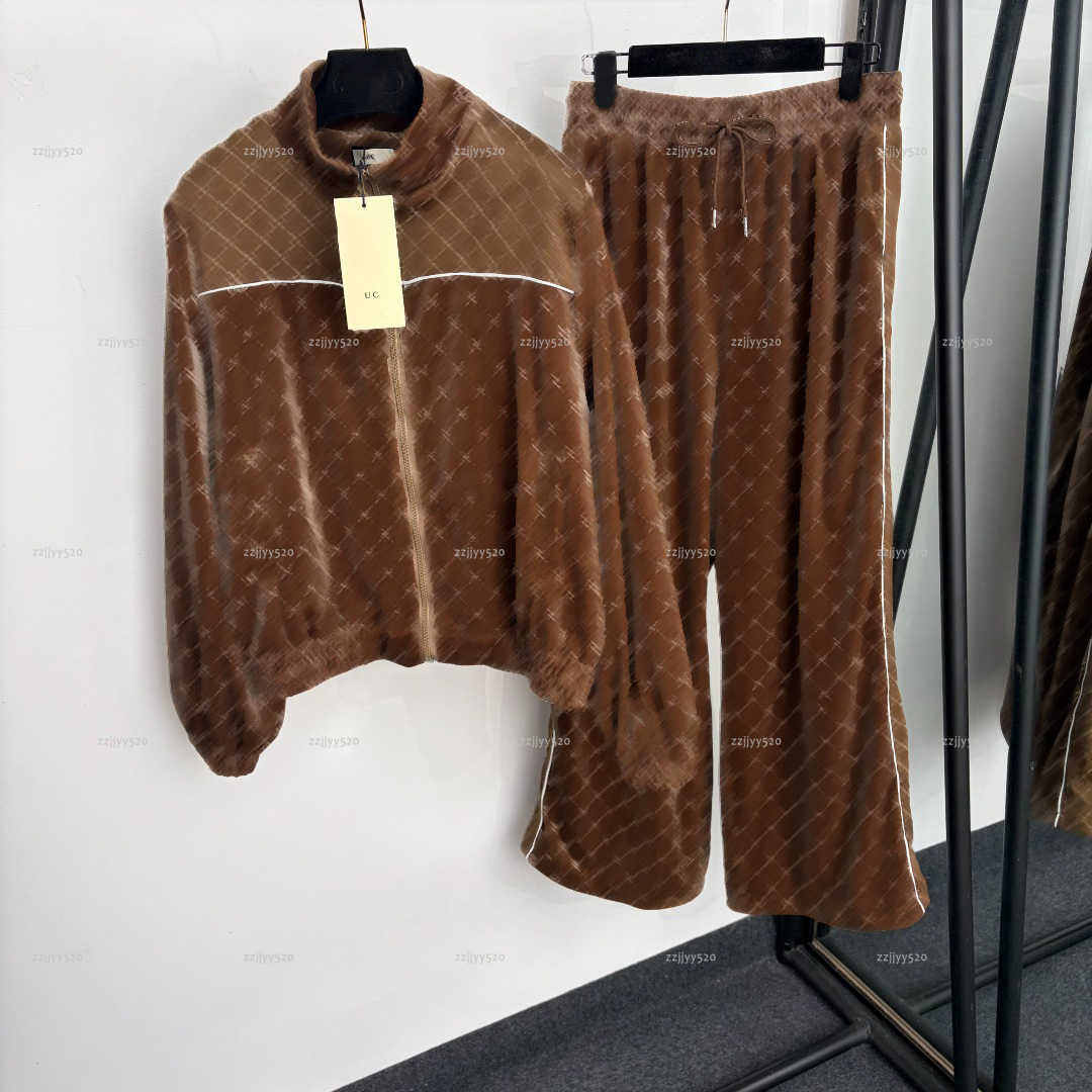 Brand Velvet full logo Print set co ord Stand Collar Contrast Coat Elastic Waist Wide Leg Pants women designer clothes Casual Tracksuit suit A748X15
