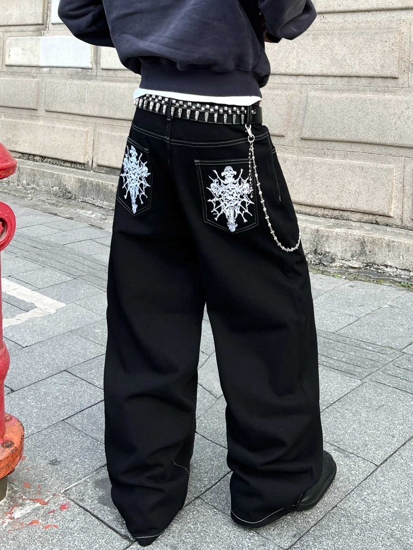 Men's Jeans Men's Y2K Hip-Hop Jeans Skull Embroidered Baggy Wide Pants For Men High-Street Loose-Fitting Casual Denim Trousers All Seasons
