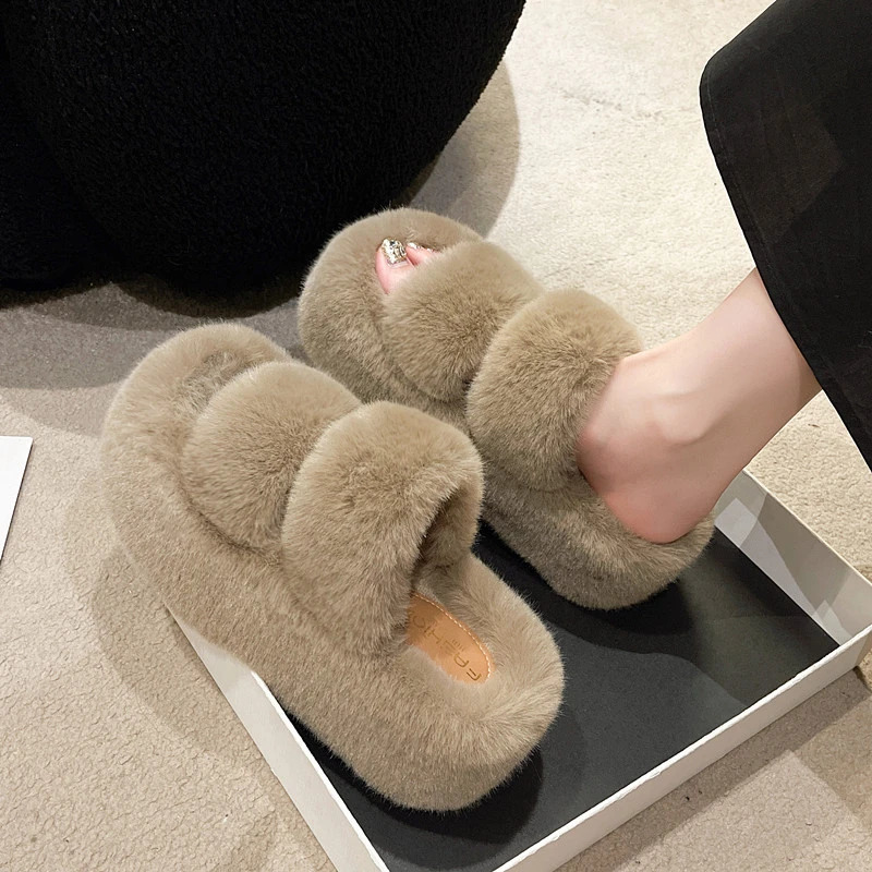 Women Fur Warm Winter Furry Fur Shoes Fluffy Plush Slippers Home House Indoor Shoes Bedroom Round Toe Slippers Female D164 261016