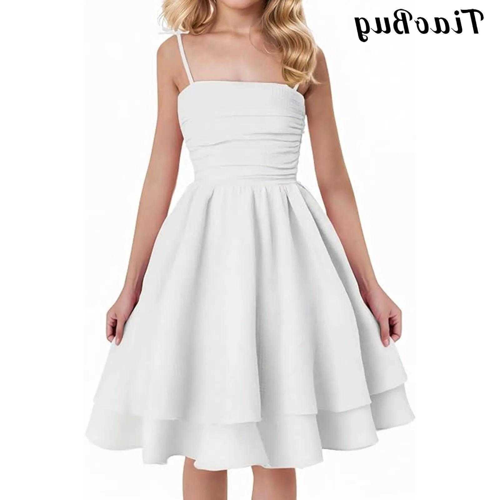 Girls Kids Summer Puff Bubble Dress Spaghetti Strap Sleeveless Flowy Ruffled Hem Princess Sun Dress for Beach Party Vacation S261016CROM