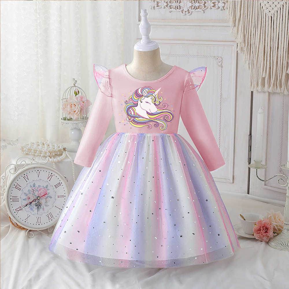Kids New Clothes Spring and Autumn Long Sleeve Dress Girls Princess Dress Children Baby Birthday Party Clothing Unicorn Clothing S26101611Q6