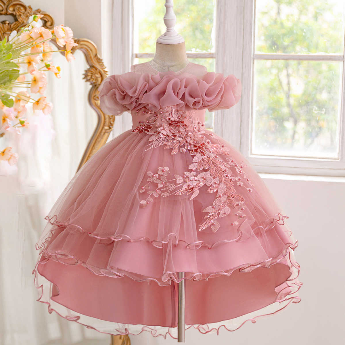 Flower Elegant Bridesmaid Party Girl Dresses Fashion Tulle Wedding Birthday Princess Dress for Girls Graduation Pageant Costumes S261016L653