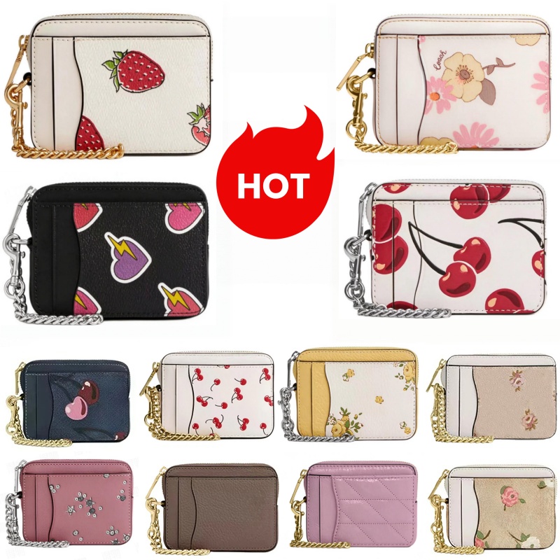Mini portefeuille pour cartes à fermeture éclair avec chaîne, en cuir PU imprimé cœur mignon, fentes multi-cartes, porte-monnaie, porte-clés