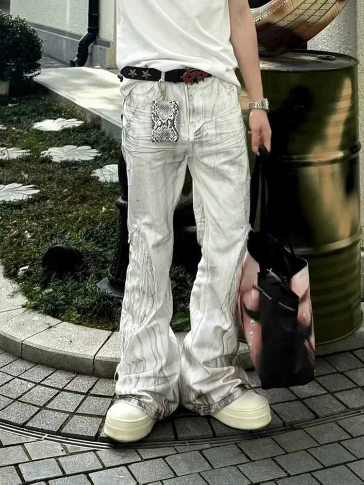 Men's Jeans 2026 Punk Y2K Style Dirty Washed White Patchwork Baggy Flared Stacked Jeans Pants For Men Clothing Streetwear Goth Long TrousersT26