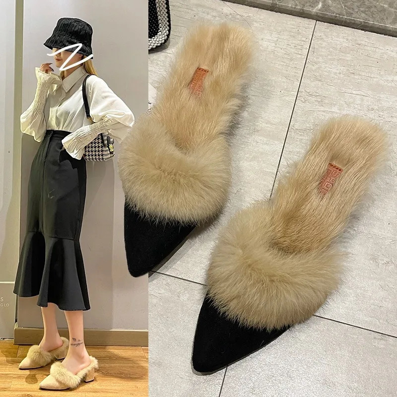 Winter Warm Faux Fur Mules Slippers Women Pointed Toe Slip-On Thin Heels Flip-flops Woman Short Plush Lined Closed Toe Slides 261016