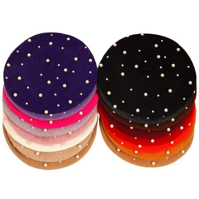 Wool Winter Beret Pearls Beads Female Elegant Fashion Cap Autumn Spring Hat Women Solid Color French Style Cap S2610161GR8