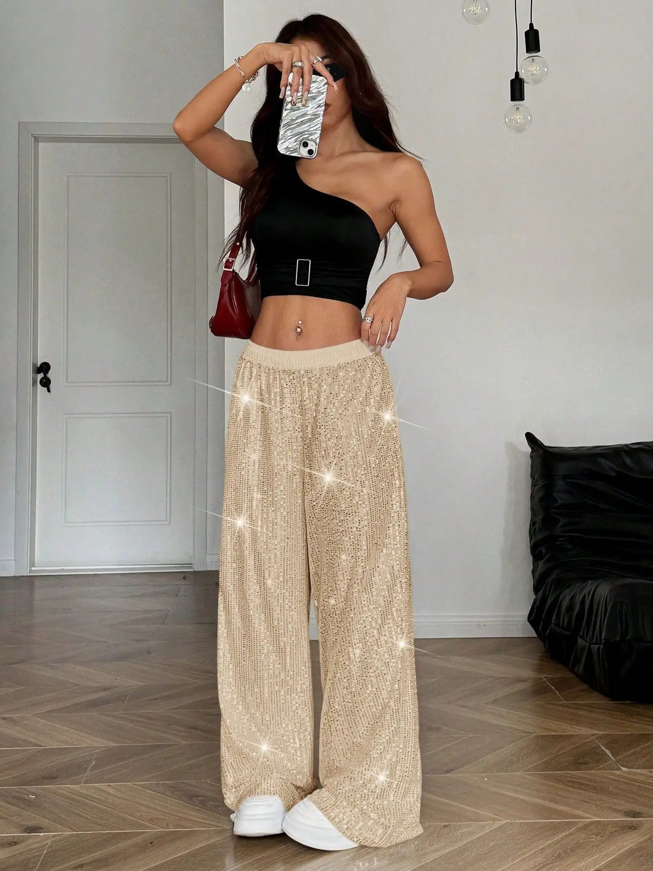 Women's Sequin Wide Leg Pants High Waist Glitter Trousers Loose Shiny Straight Leg Pants for Party Night Out 261015