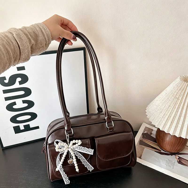 Evening Bags New Large Capacity Brown Bowling Handbag Women's Shoulder Bag Korean INS Style Autumn Winter Fashion Trend Bag H261016
